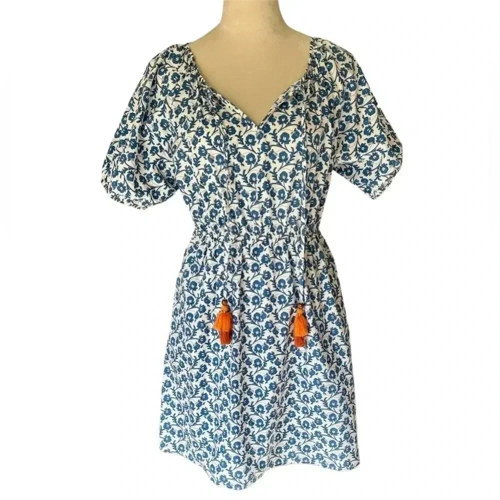 THML Blue Floral 100% Cotton Puff Sleeves Tassle‎ Accent Women Mini Dessert Sz M